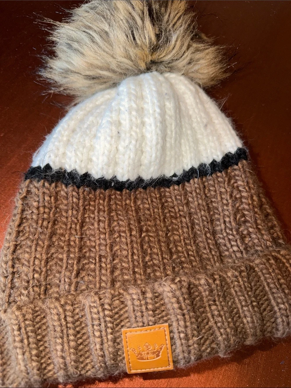 Womens Two-Tone Pom Beanie Hat - Brown & Cream